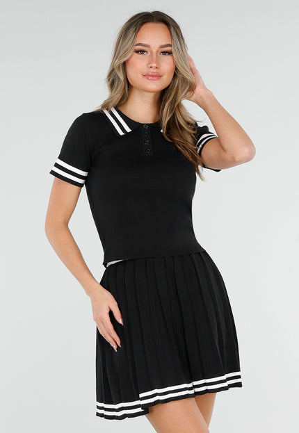 NEW110226 Zwarte Set met Polo Top en Plissé Rok