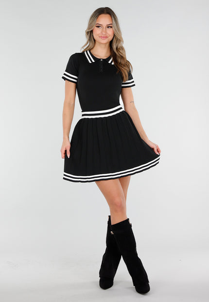 NEW110226 Zwarte Set met Polo Top en Plissé Rok