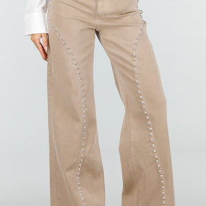 NEW110326 Beige Wide Leg Broek met Studs