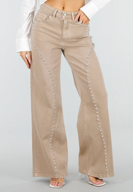NEW110326 Beige Wide Leg Broek met Studs