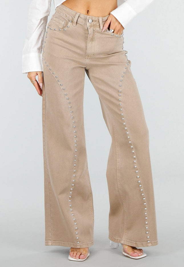 NEW110326 Beige Wide Leg Broek met Studs