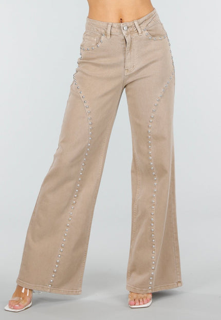 NEW110326 Beige Wide Leg Broek met Studs