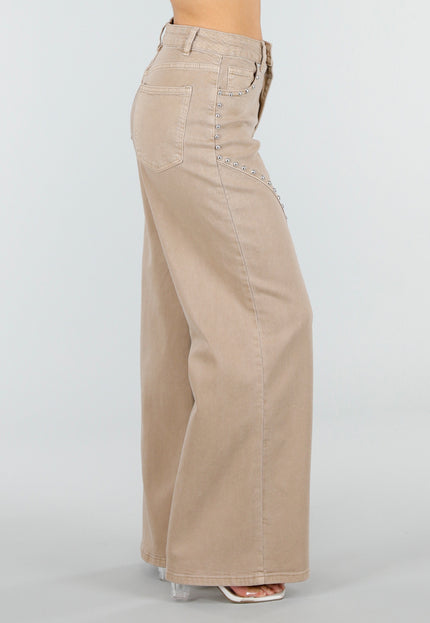 NEW110326 Beige Wide Leg Broek met Studs