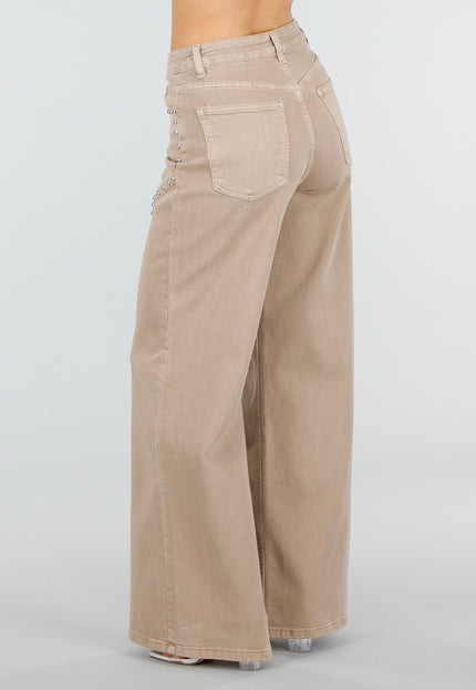 NEW110326 Beige Wide Leg Broek met Studs
