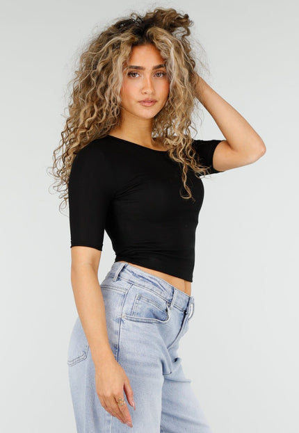 NEW110326 Cropped Zwarte One Shoulder Top