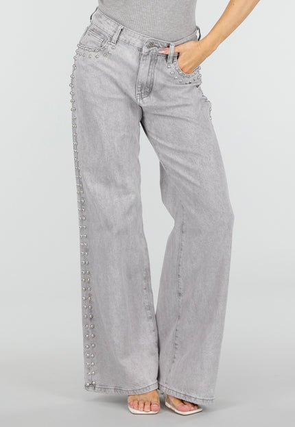 NEW110326 Grijze Wide Leg Jeans met Stud Details