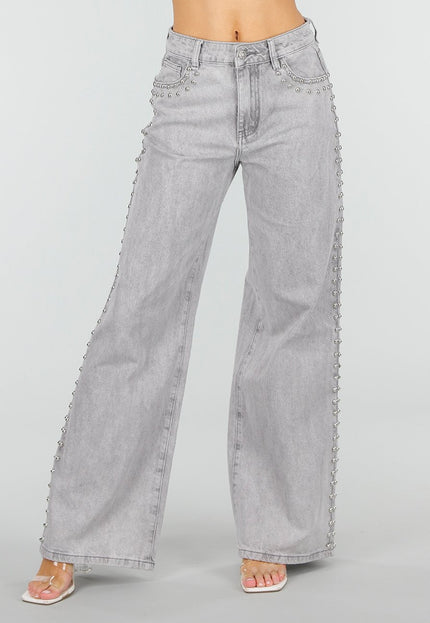 NEW110326 Grijze Wide Leg Jeans met Stud Details