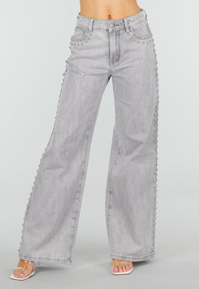 NEW110326 Grijze Wide Leg Jeans met Stud Details