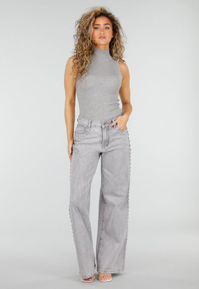 NEW110326 Grijze Wide Leg Jeans met Stud Details