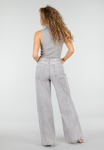 NEW110326 Grijze Wide Leg Jeans met Stud Details