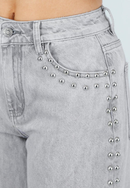 NEW110326 Grijze Wide Leg Jeans met Stud Details