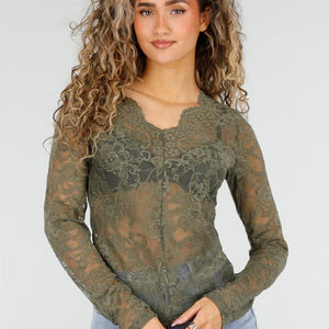 NEW110326 Groene Kanten Top met Lange Mouwen