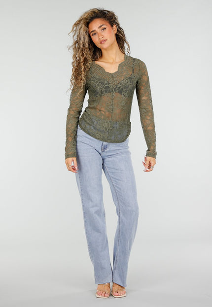 NEW110326 Groene Kanten Top met Lange Mouwen