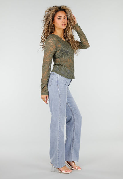NEW110326 Groene Kanten Top met Lange Mouwen