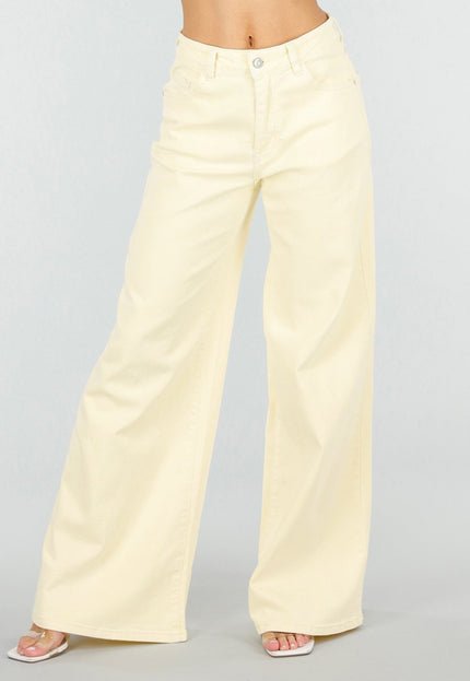 NEW110326 Lichtgele Wide Leg Jeans met High Waist