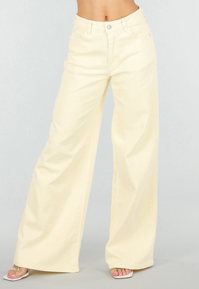 NEW110326 Lichtgele Wide Leg Jeans met High Waist