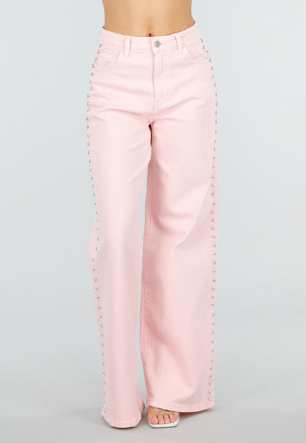 NEW110326 Roze Wide Leg Jeans met Studs