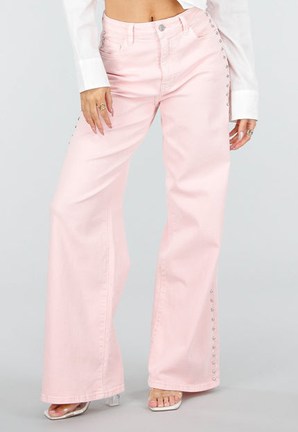 NEW110326 Roze Wide Leg Jeans met Studs