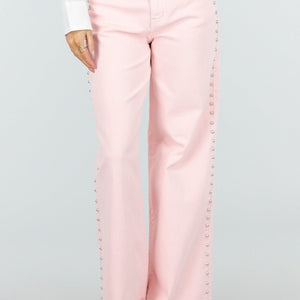 NEW110326 Roze Wide Leg Jeans met Studs