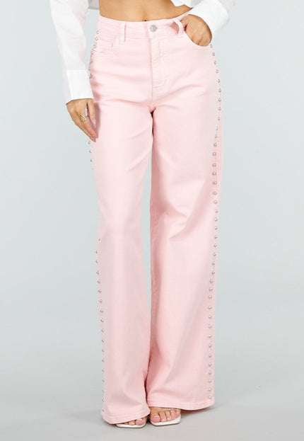 NEW110326 Roze Wide Leg Jeans met Studs