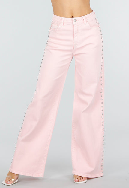 NEW110326 Roze Wide Leg Jeans met Studs