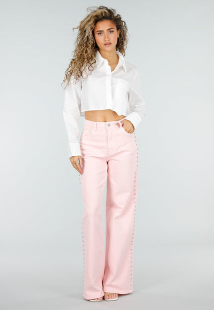 NEW110326 Roze Wide Leg Jeans met Studs