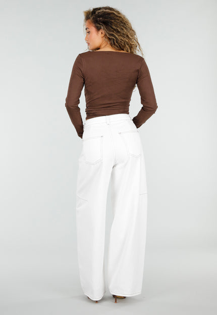 NEW110326 Witte Baggy Jeans met Bruine Stiksels