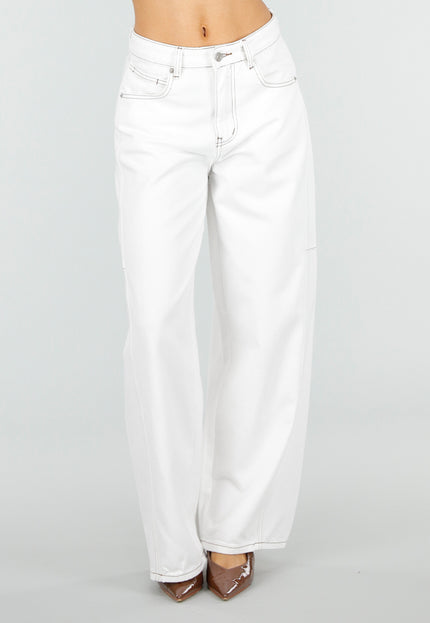 NEW110326 Witte Baggy Jeans met Bruine Stiksels