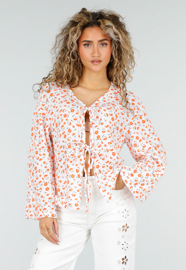 NEW110326 Witte Blouse met Bloemen en Strik