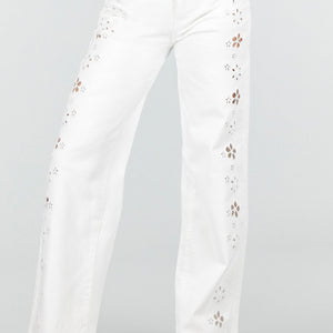NEW110326 Witte Wide Leg Jeans met Broderie