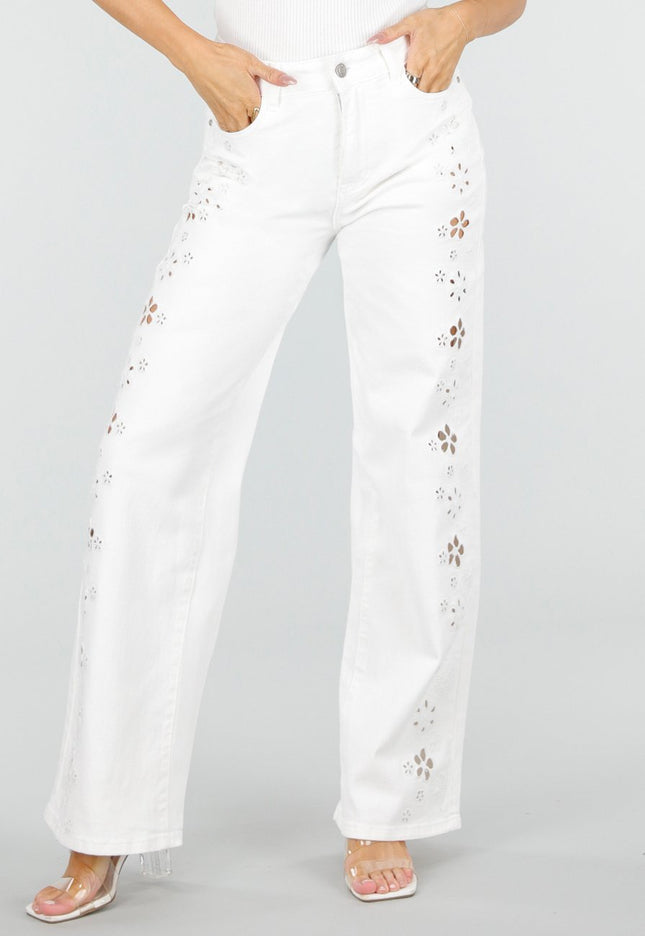 NEW110326 Witte Wide Leg Jeans met Broderie