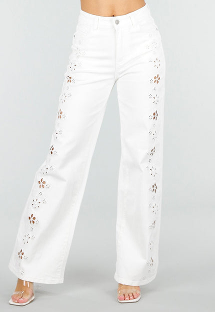 NEW110326 Witte Wide Leg Jeans met Broderie