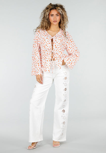 NEW110326 Witte Wide Leg Jeans met Broderie