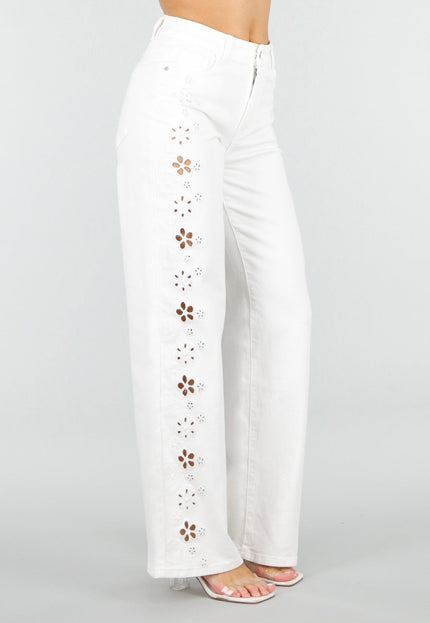 NEW110326 Witte Wide Leg Jeans met Broderie