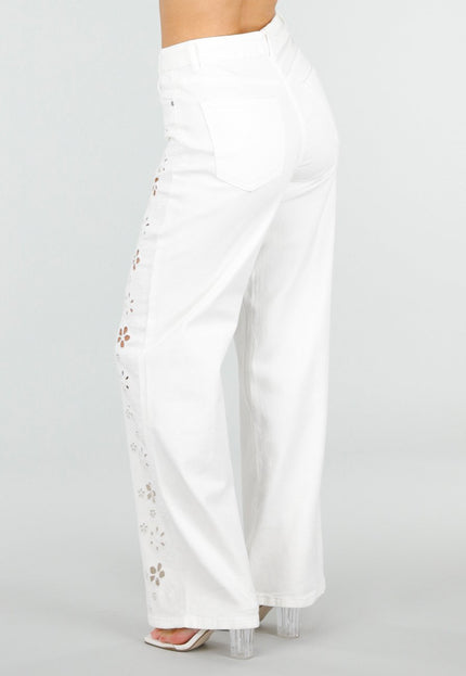 NEW110326 Witte Wide Leg Jeans met Broderie