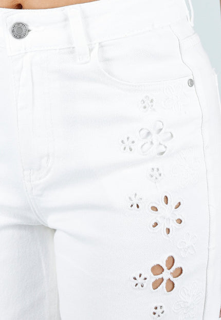 NEW110326 Witte Wide Leg Jeans met Broderie