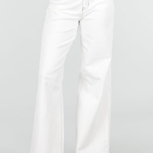 NEW110326 Witte Wide Leg Jeans met Bruine Stiksels