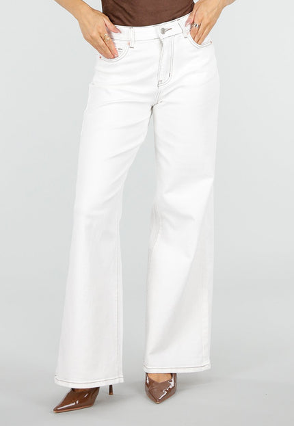 NEW110326 Witte Wide Leg Jeans met Bruine Stiksels
