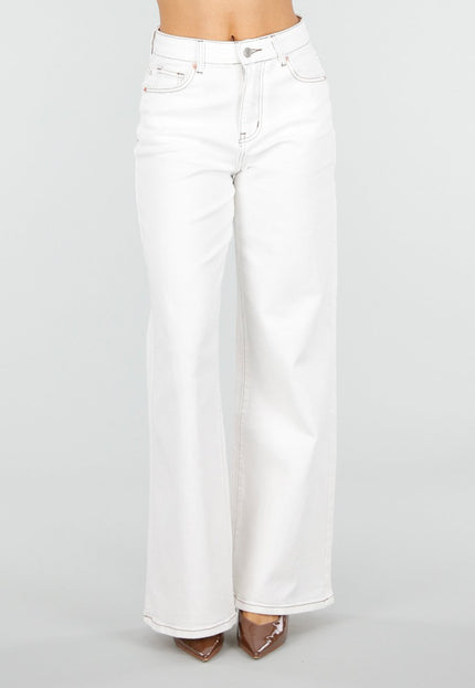 NEW110326 Witte Wide Leg Jeans met Bruine Stiksels