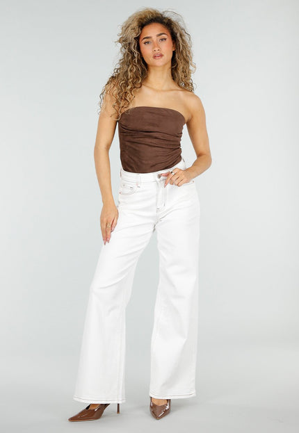 NEW110326 Witte Wide Leg Jeans met Bruine Stiksels