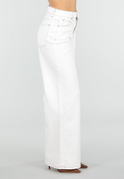NEW110326 Witte Wide Leg Jeans met Bruine Stiksels