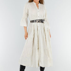 NEW110625 Beige Maxi-Jurk met Borduursels