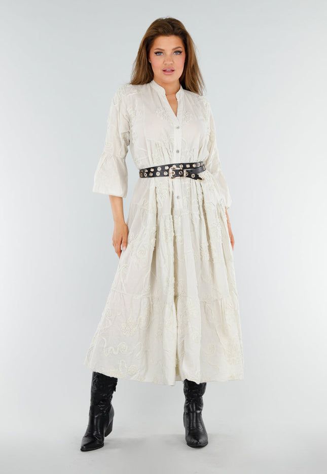 NEW110625 Beige Maxi-Jurk met Borduursels
