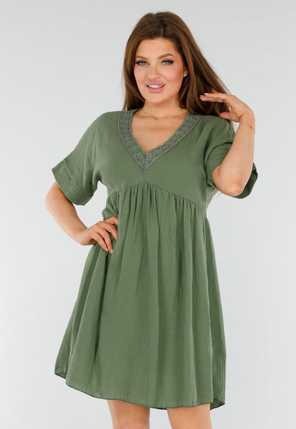 NEW110625 Khaki Jurk met Borduur V-Hals