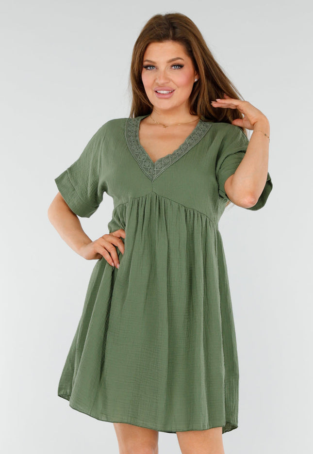 NEW110625 Khaki Jurk met Borduur V-Hals