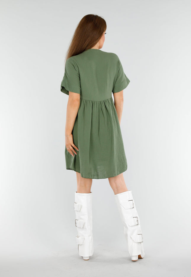 NEW110625 Khaki Jurk met Borduur V-Hals