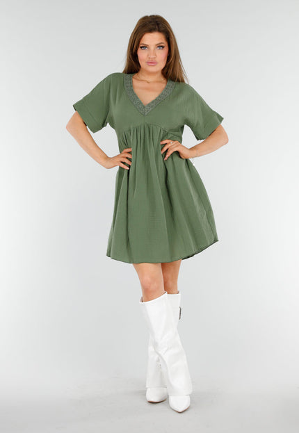 NEW110625 Khaki Jurk met Borduur V-Hals