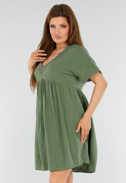 NEW110625 Khaki Jurk met Borduur V-Hals