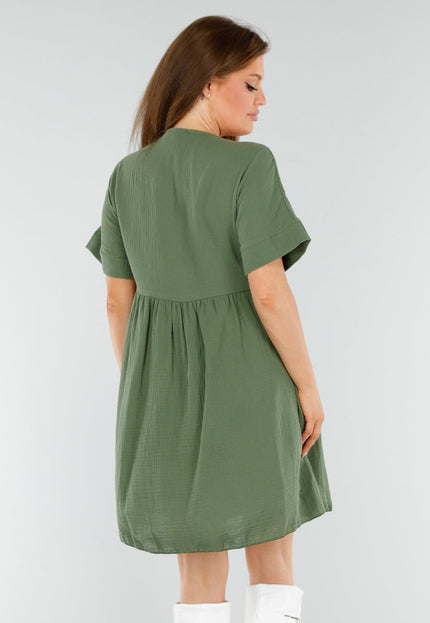 NEW110625 Khaki Jurk met Borduur V-Hals