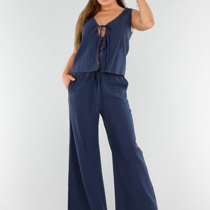 NEW110625 Navy Linnenlook Set Met Strikdetails